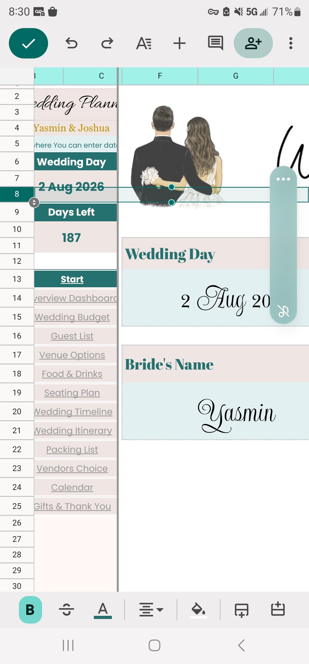 This image shows screenshots that are somewhat blurry. They are images of the Google Sheets file and are open with a plant and cup of coffee next to them. You can only see the rows of date and some images of wedding scenes. The wedding scenes are a married couple next to eachtoher, a picture of a venue with empty seating, and other random scenes one can see in a wedding.
